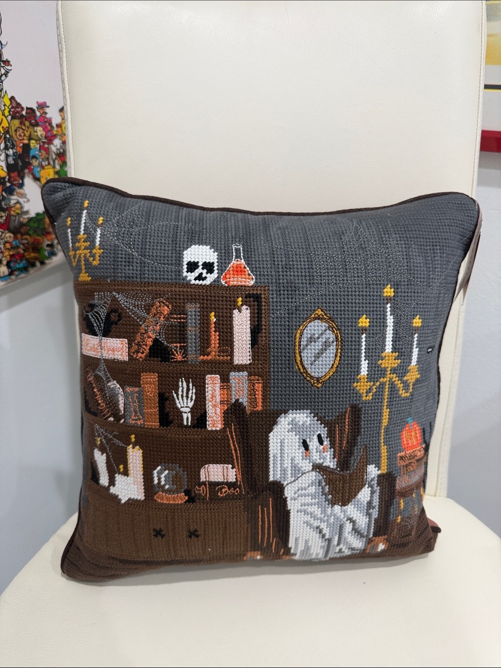 The Farmhouse Halloween Gray/Orange/White Ghost Needlepoint Throw Pillow